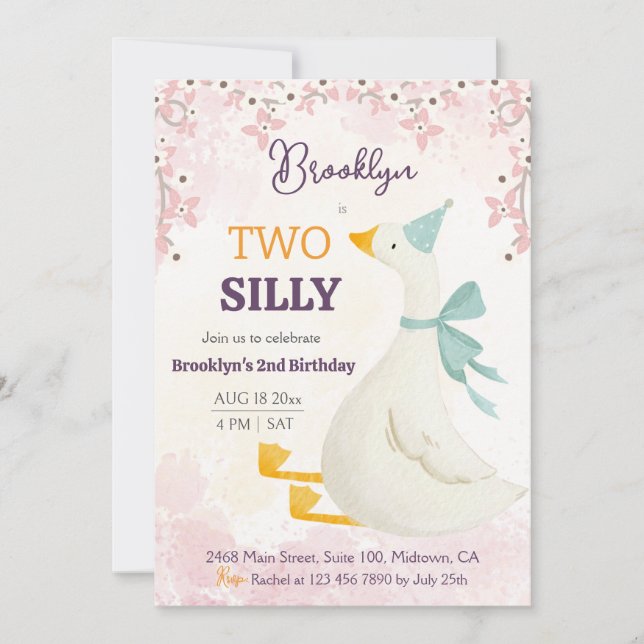 Invitation Two silly goose 2nd birthday cute floral pink (Devant)
