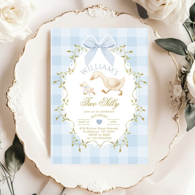 Invitation Two Silly Whimsical Blue Gingham Boy 2nd Birthday (Créateur téléchargé)