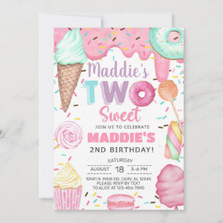 Invitation Two Sweet girl second, 2nd birthday invitation.