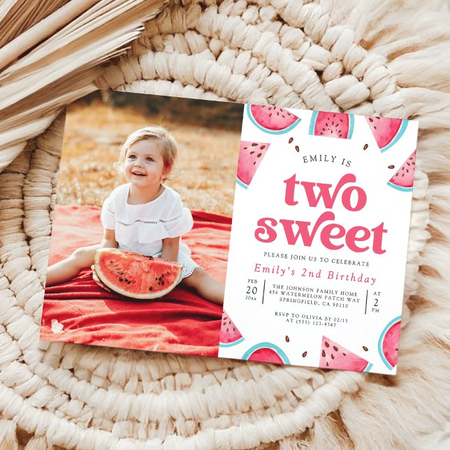 Invitation Two Sweet Watermelon Girl Photo 2nd Birthday Party (Créateur téléchargé)