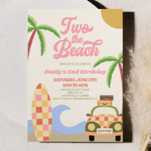 Invitation Two The Beach Surf Pink Retro 2e fête d'anniversai