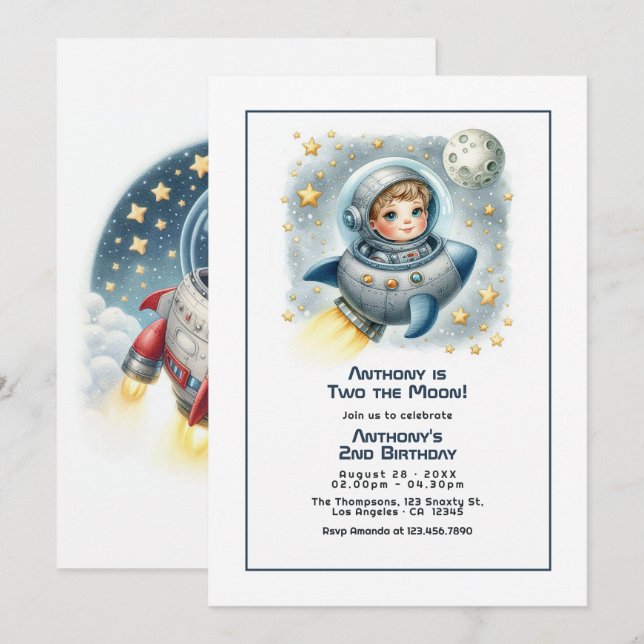 Invitation “Two the Moon” Fête d'anniversaire pour tout-petit (Devant / Derrière)