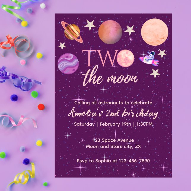 Invitation Two The Moon Girl Space Pink Planets 2nd Bday (Créateur téléchargé)