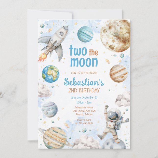 Invitation Two The Moon Outer Space Astronaut 2nd Birthday (Devant)