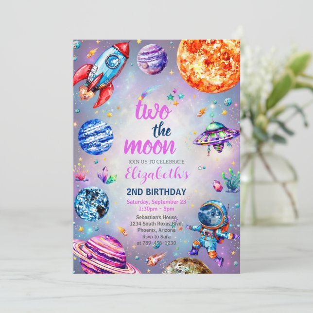 Invitation Two The Moon Outer Space Blue 2nd Birthday Party (Debout devant)
