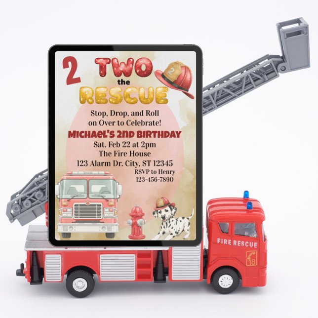 Invitation Two the Rescue, Camion de pompiers à l'aquarelle 2 (Créateur téléchargé)