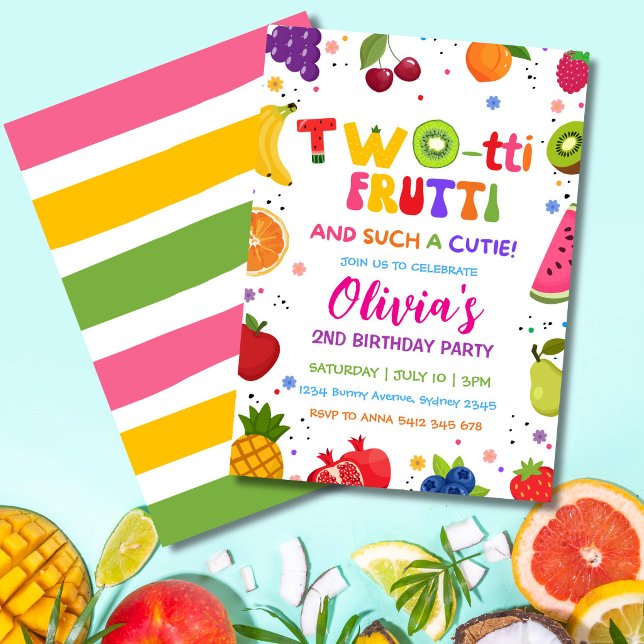 Invitation Two-tti Frutti Telle une Cute, 2ÈME Fruits Été  (Cute Twotti Frutti 2nd birthday invitation with colorful fruit and summer party theme.)