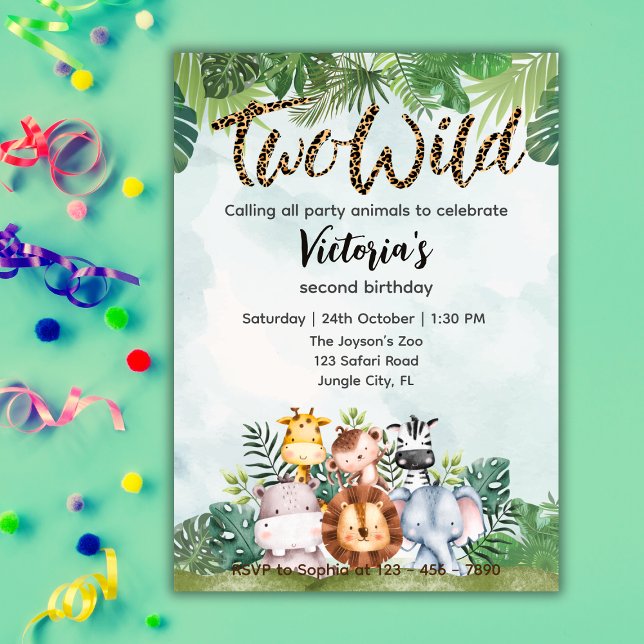 Invitation Two Wild Cute Safari Animals Girls 2nd Birthday  (Créateur téléchargé)