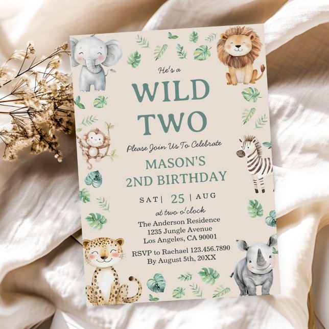 Invitation Two Wild Jungle Safari Animals 2nd Birthday Theme (Créateur téléchargé)