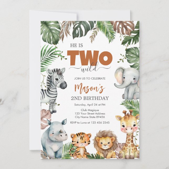 Invitation Two Wild Party Animals Kids 2nd Birthday (Devant)