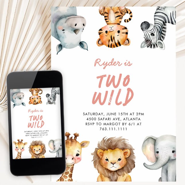 Invitation Two Wild Safari Animals 2nd Birthday (Créateur téléchargé)
