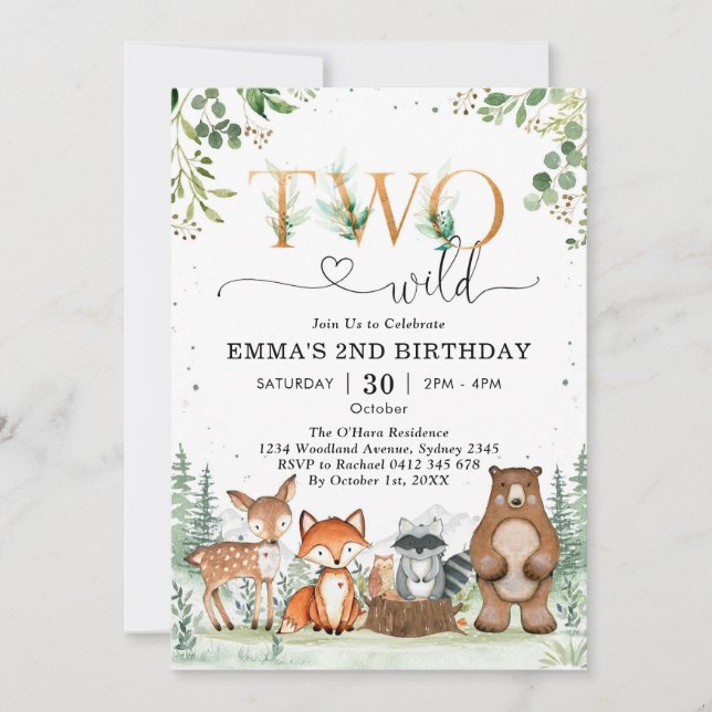 Invitation Two Wild Woodland Party Animals Boy 2nd Birthday (Devant)