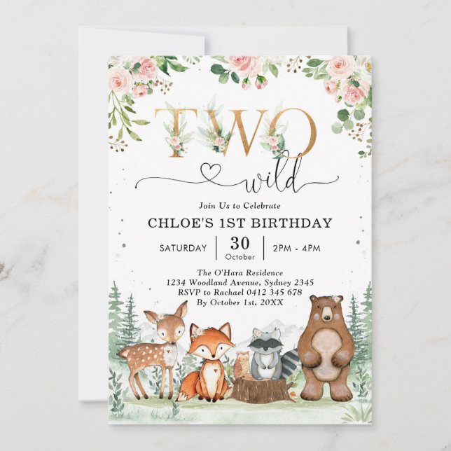 Invitation Two Wild Woodland Party Animals Girl 2nd Birthday  (Devant)