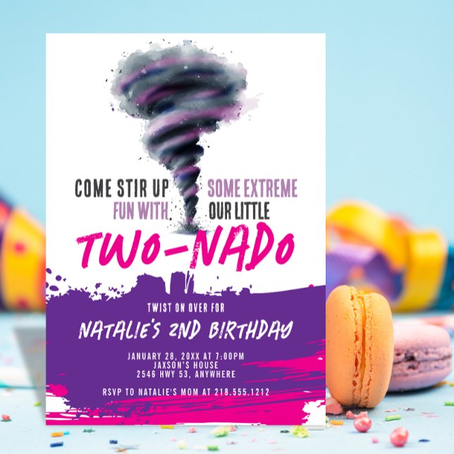 Invitation Twonado Twister Tornade Rose Violet Anniversaire (Twonado Twister Tornado Pink Purple Birthday Invitation)