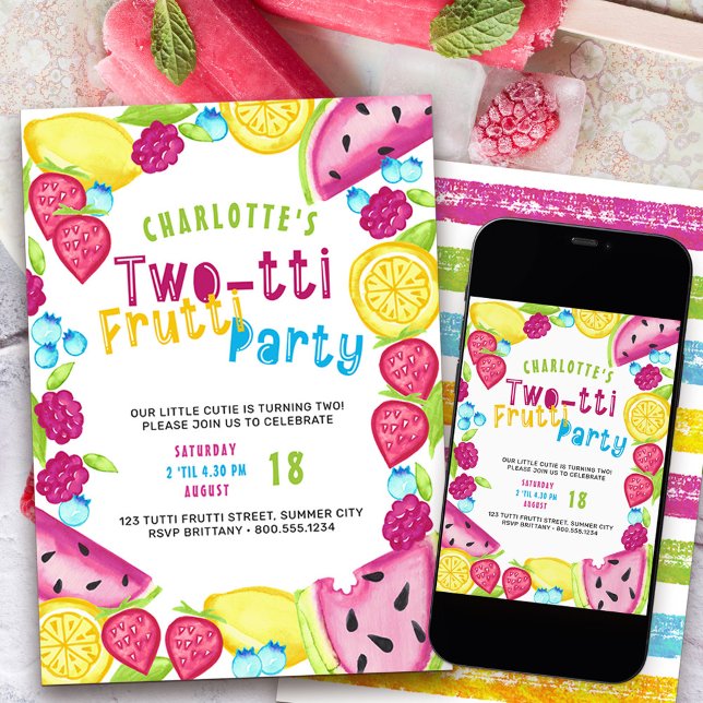 Invitation TWOtti Frutti Party Summer Fruit Cutie Turning 2 (Two-tti frutti such a cutie 2nd birthday party invitation)