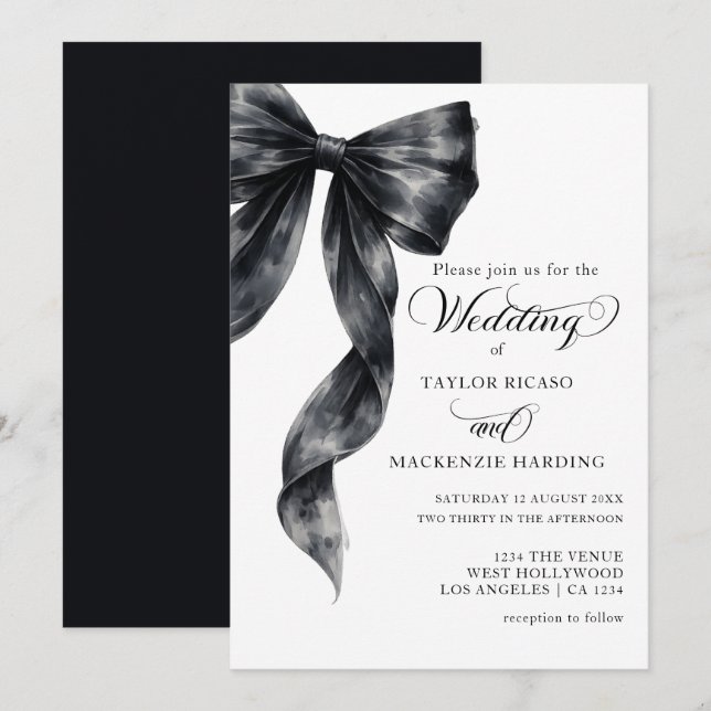 Invitation Tying the Knot Black Ribbon Watercolor Wedding (Devant / Derrière)