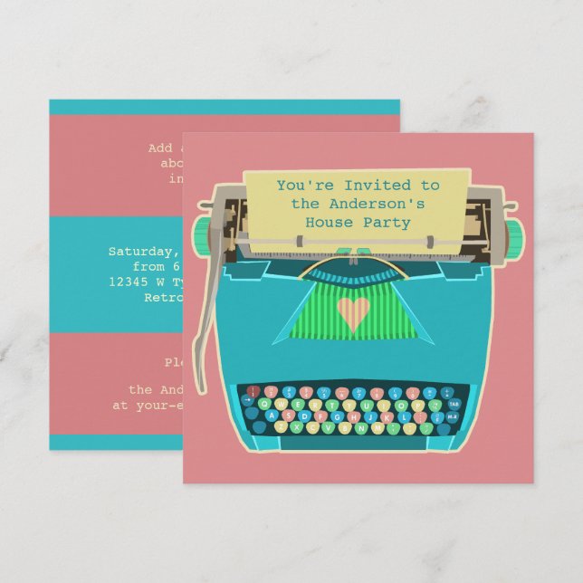 Invitation Typewriter Cute Retro Modern Personnalisée Party (Devant / Derrière)