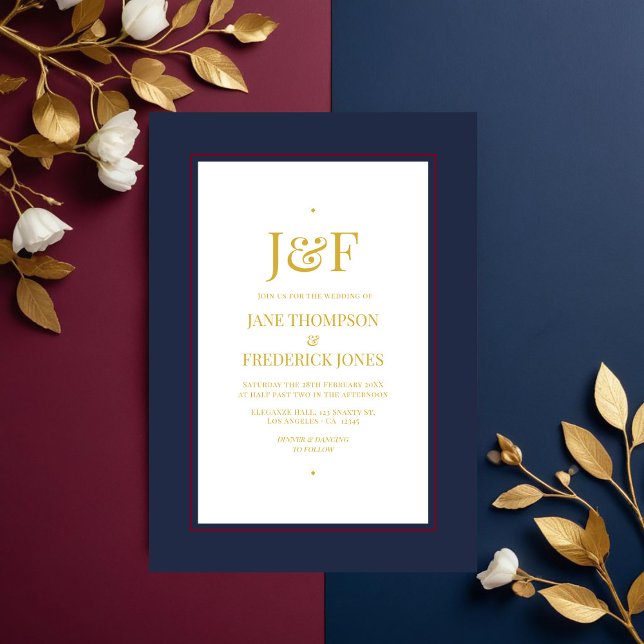 Invitation Typographie à la mode Bourgogne, Marine et Mariage (Trendy Typography Burgundy, Navy and Gold Wedding Invitation)