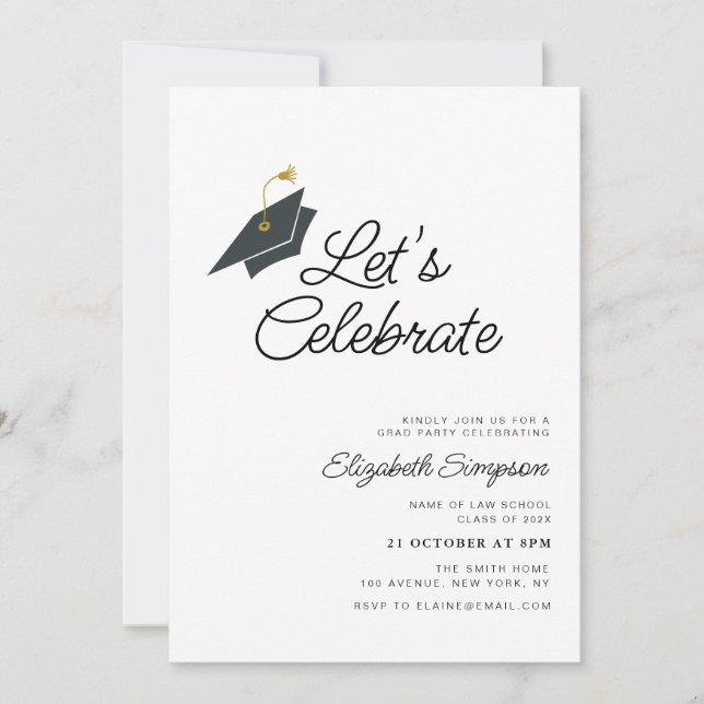 Invitation typographie à la mode fête de graduation noir & bl (Devant)