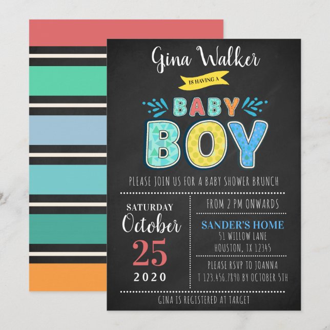 Invitation Typographie amusante Baby Boy Douche (Devant / Derrière)