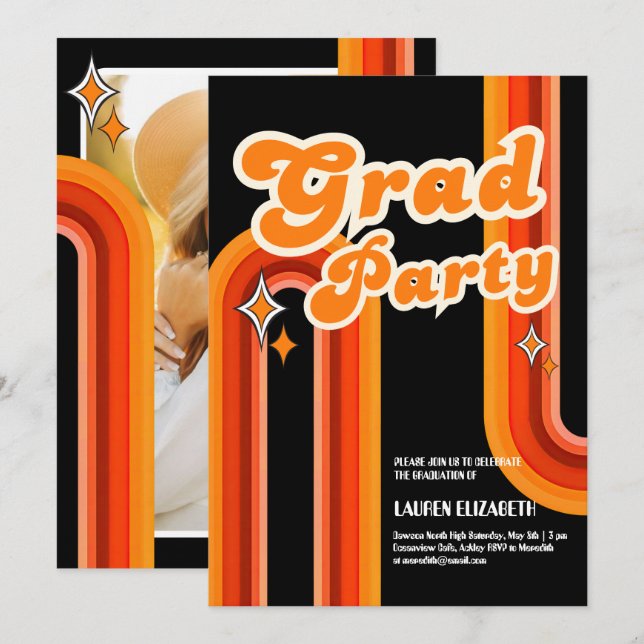 Invitation Typographie arc-en-ciel orange et rouge Soleil d'é (Devant / Derrière)