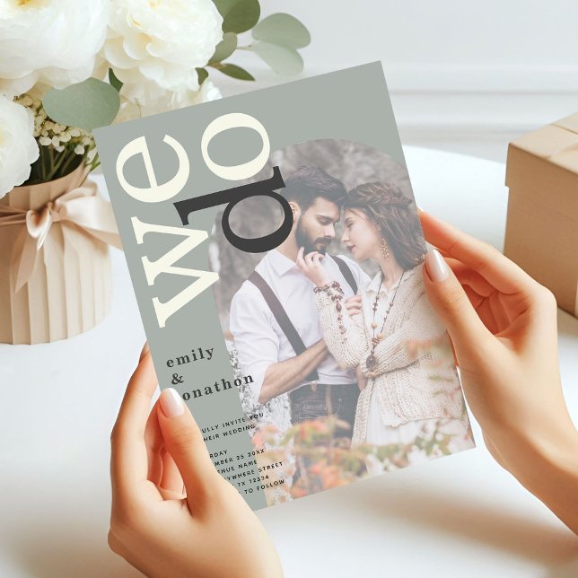 Invitation Typographie Arch Photo Overlay Sage Green Mariage (Front view)