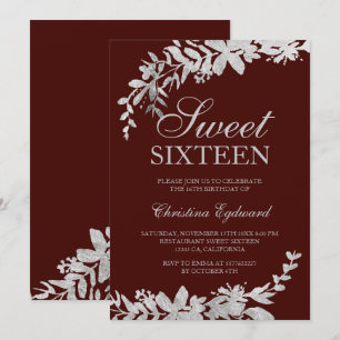 Invitation Typographie argent floral rouge bordeaux Sweet 16