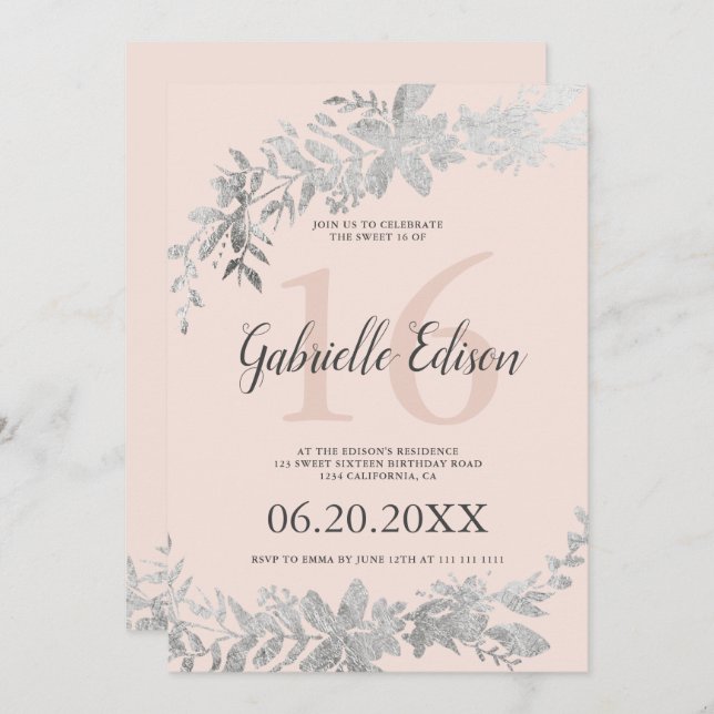 Invitation Typographie argentée Floral blush rose Sweet 16 (Devant / Derrière)
