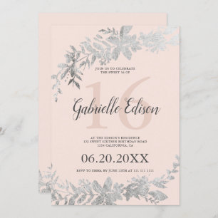 Invitation Typographie argentée Floral blush rose Sweet 16
