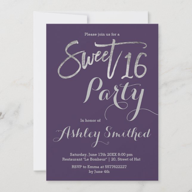 Invitation Typographie argentée violet simple Sweet 16 (Devant)