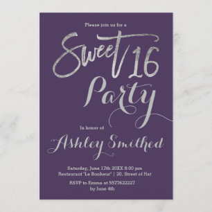 Invitation Typographie argentée violet simple Sweet 16