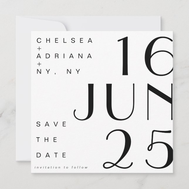 Invitation Typographie Art Déco Noir Blanc Enregistrez la Dat (Devant)