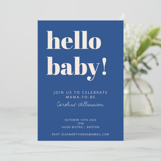 Invitation Typographie audacieuse Baby shower moderne bleu (Debout devant)