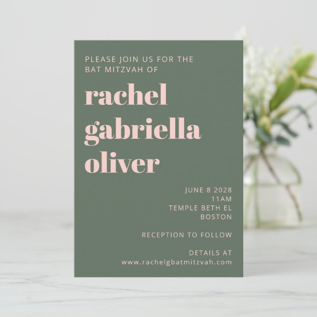 Invitation Typographie audacieuse Bat mitzvah vert rose moder (Debout devant)