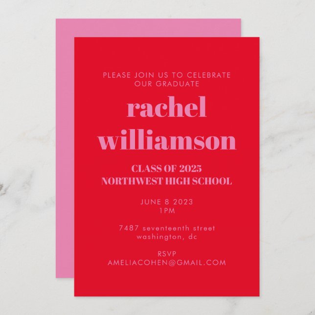 Invitation Typographie audacieuse Bright Rose Red Graduation  (Devant / Derrière)