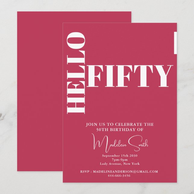 Invitation Typographie audacieuse Magenta Moderne 50e anniver (Devant / Derrière)