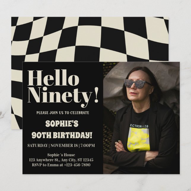 Invitation Typographie audacieuse Noir moderne 90e anniversai (Devant / Derrière)