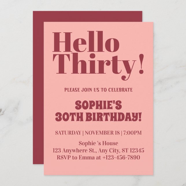 Invitation Typographie audacieuse Rose et Bourgogne 30e anniv (Devant / Derrière)