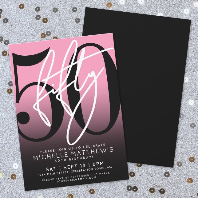 Invitation Typographie audacieuse rose moderne 50e anniversai (Bold Typography Pink Modern 50th Birthday Invitation)
