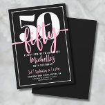 Invitation Typographie audacieuse rose moderne 50e anniversai<br><div class="desc">Voici une invitation simple et moderne à la fête du 50e anniversaire, parfaite pour célébrer ce jalon dans le style. Le design épuré présente un arrière - plan noir audacieux avec un "50" en haut. Ci-dessous, "Fifty" est écrit avec élégance en calligraphie script, ajoutant une touche de sophistication. Le texte...</div>