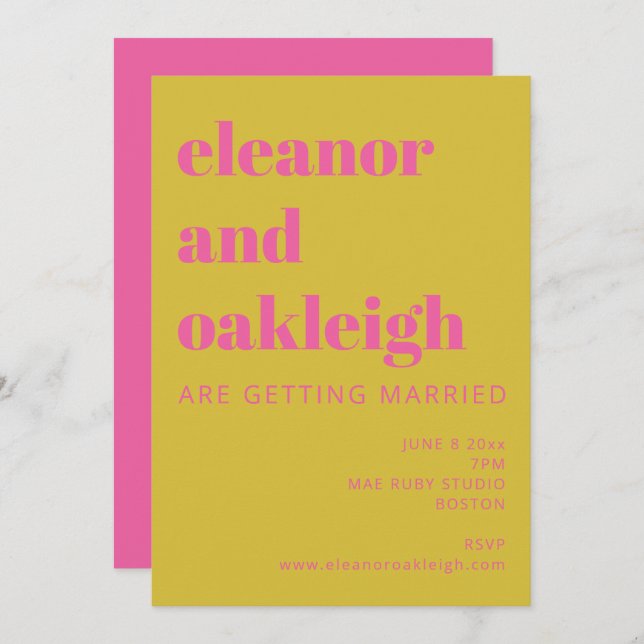 Invitation Typographie audacieuse rose vif Jaune Mariage mode (Devant / Derrière)