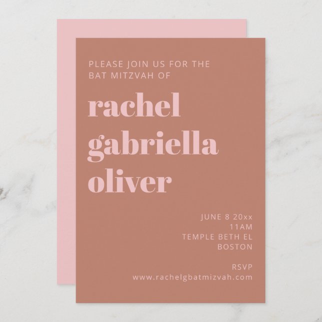 Invitation Typographie audacieuse Terracotta et Bat mitzvah r (Devant / Derrière)