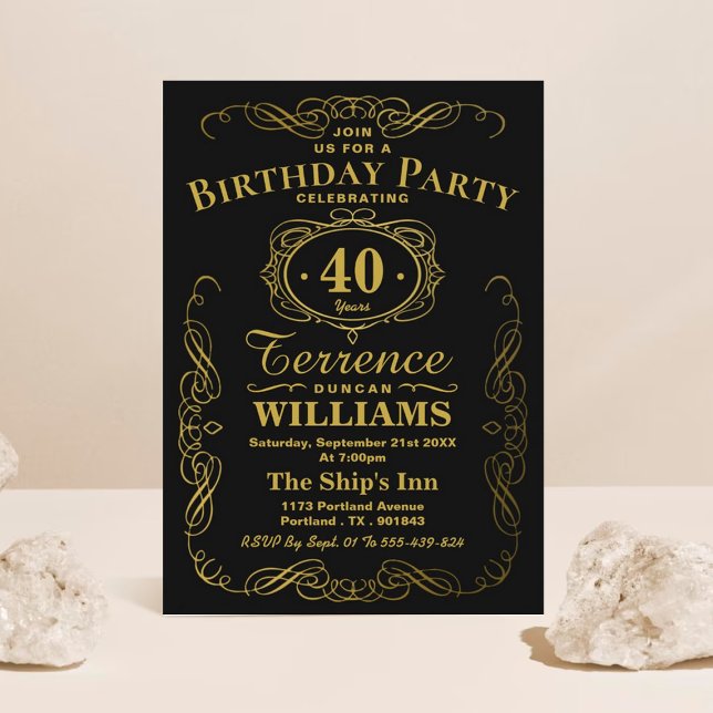 Invitation Typographie Black & Gold tendance fête d'anniversa (Créateur téléchargé)