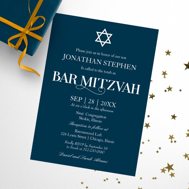 Invitation Typographie Blanche Moderne Sur Bar Mitzvah Bleu (Créateur téléchargé)