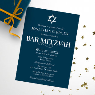 Invitation Typographie Blanche Moderne Sur Blue Bar Mitzvah