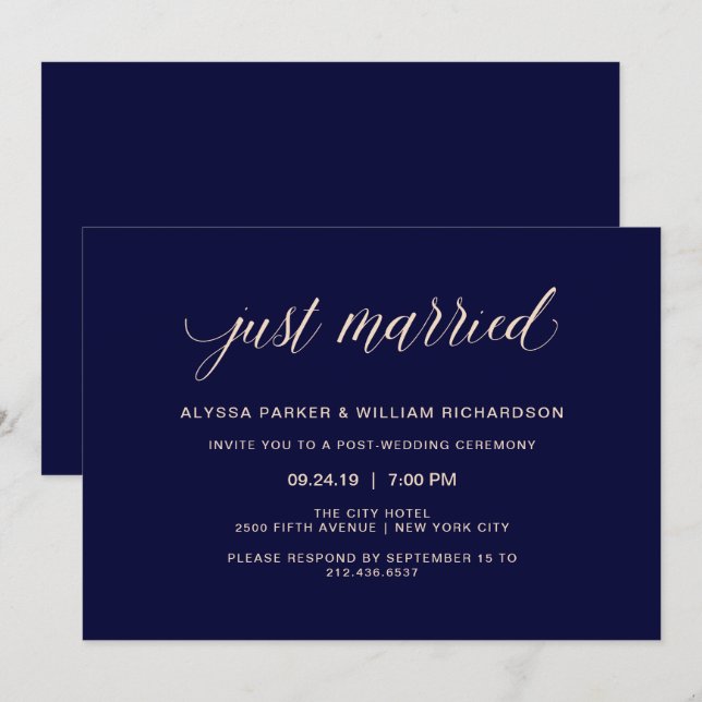 Invitation Typographie Bleu Marine et Rose Pâle | Tout Juste  (Devant / Derrière)