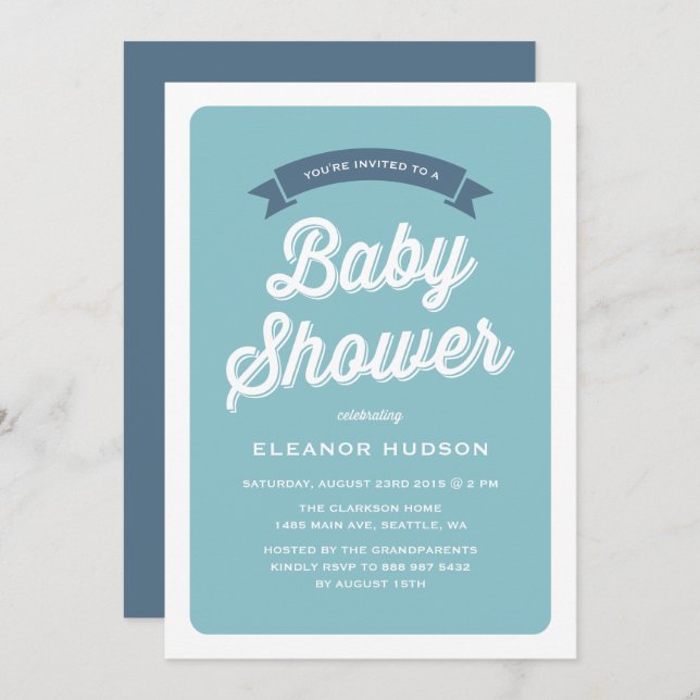 Invitation Typographie Bleu Rétro Script Baby shower classiqu (Devant / Derrière)