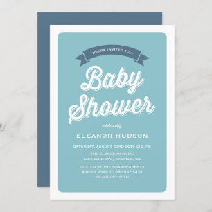 Invitation Typographie Bleu Rétro Script Baby shower classiqu