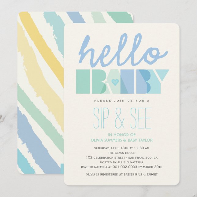 Invitation Typographie Bleue Bonjour Bébé Garçon Design Sip & (Devant / Derrière)