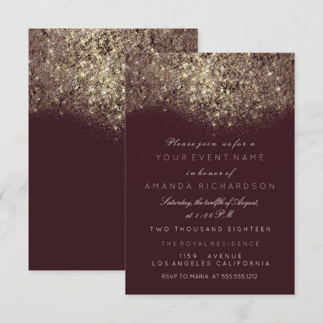 Invitation Typographie bordeaux pailletée dorée abstraite (Devant / Derrière)